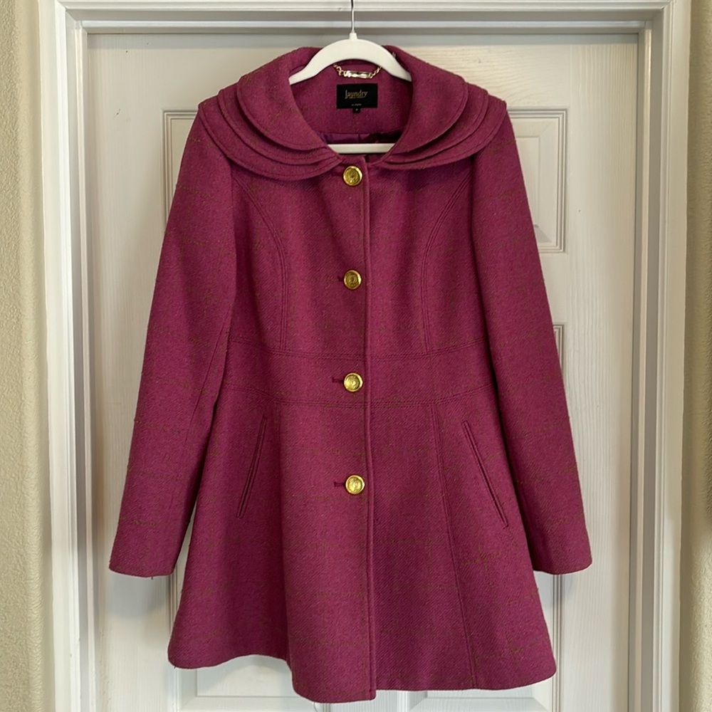 LAUNDRY by Shelli Segal wool tweed Fit & Flare peacoat size 6 pink/gold buttons